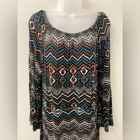 WOMEN’S Boho Retro Long Sleeve Bell Sleeve Abstract Print Dress - Picture 2 of 6